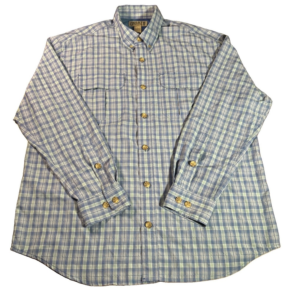 Duluth Trading Armachillo Cooling Shirt L Blue Plaid Vented Roll Tab Fishing